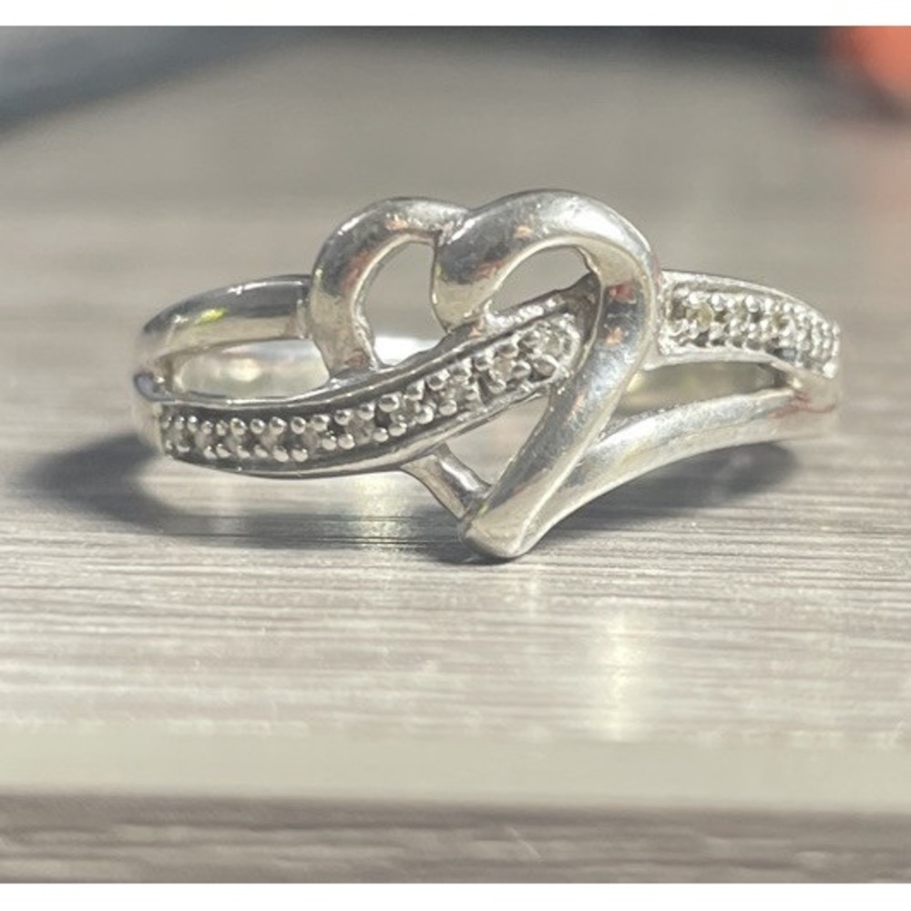 925 Sterling Silver Real Round-Cut Diamond Heart Ring Size 10